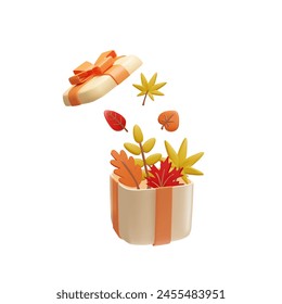 This 3D vector illustration beautifully captures a gift box filled with fall foliage, with colorful autumn leaves gently floating out, symbolizing abundance and the gift of nature.