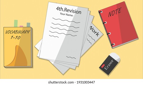 Das sind 4 Hausaufgaben, es gibt 2 Bücher, Papier und einige Radiergummi.
