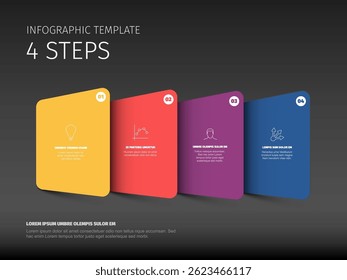 Este es un diseño de Plantilla infográfico de 4 pasos. Es una Ilustración vectorial para el proceso, las opciones o el informe que utiliza el diseño simple colorido de la Plantilla de la infografía con fondo oscuro.
