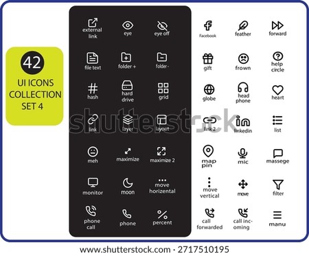 This 42 UI icons collection vector presents a professional set of user interface symbols crafted for modern digital design needs. The icons are optimized for applications, web platforms, SaaS products, admin panels, UI kits, and UX systems.