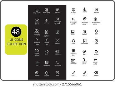 Este Vector de colección de 48 iconos de interfaz de usuario presenta un conjunto profesional de símbolos de interfaz de usuario diseñados para las necesidades de diseño digital moderno. Los íconos están optimizados para aplicaciones, plataformas de Web, productos SaaS, paneles de administración, kits de interfaz de usuario y sistemas UX.