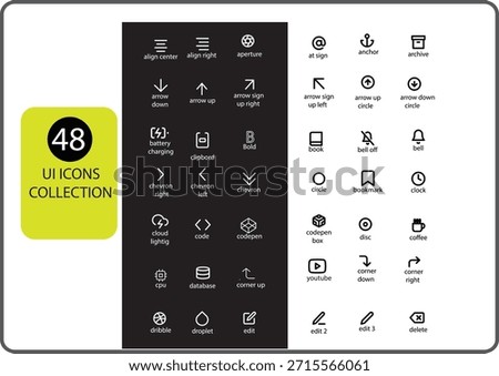 This 48 UI icons collection vector presents a professional set of user interface symbols crafted for modern digital design needs. The icons are optimized for applications, web platforms, SaaS products, admin panels, UI kits, and UX systems.