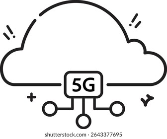 This 5G cloud computing line icon represents next-generation networks, wireless technology, and advanced data processing. Suitable for educational or commercial use.