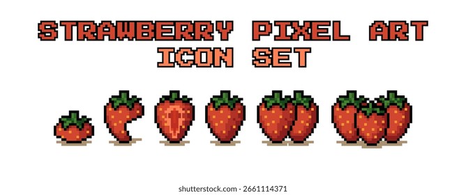 Este conjunto de ícones de 8 bits apresenta seis suculentas variações de morango, perfeitas para jogos retrô, interface de usuário móvel ou projetos educacionais com um estilo de arte de pixel nostálgico.