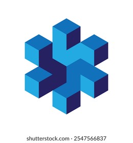 Este es un diseño abstracto del logotipo 3D de una forma hexagonal que consta de tres segmentos en estilo de bloque geométrico en color azul