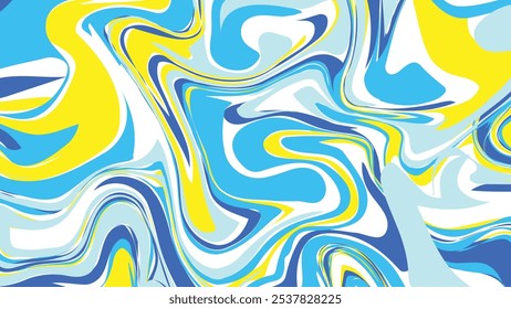 This abstract art design fuses energetic swirls of blue, yellow, and white, creating a lively and engaging visual composition.