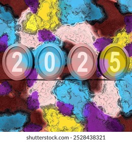 This abstract art piece features bold colors like yellow, purple, blue, and pink with the year "2025" prominently displayed. he circular shapes around the numbers add a sense of focus and modernity.