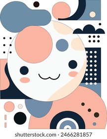 This abstract artwork features a playful interplay of geometric shapes in pastel colors. The central circular shape contains a minimalist smiling face, exuding positivity.