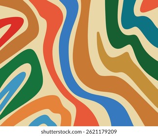 This abstract artwork features a vibrant array of curving, wave-like shapes in a palette of bold, saturated colors. The composition includes shades of red, orange, green, blue, ochre, and teal flowing