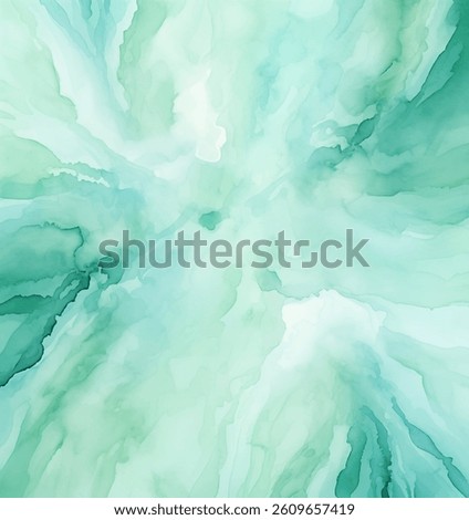 This abstract artwork showcases soft blendings of green and blue watercolor, creating a tranquil atmosphere. Fluid design invites a sense of calm and openness, suitable for various creative projects