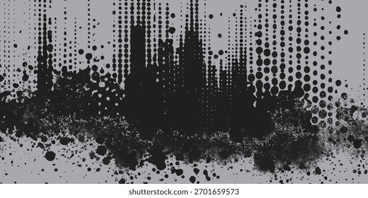 This abstract background blends a gray canvas with descending columns of black dots, culminating in a textured, inky splat design across the lower portion of the image