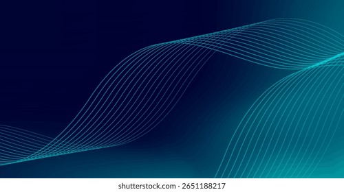 This abstract background features smooth, flowing teal lines over a gradient from dark navy to soft teal, creating a dynamic and modern artistic representation with elegant curves