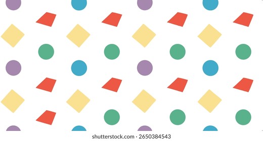 This abstract background showcases a repeating pattern of colorful geometric shapes including circles, squares, and trapezoids on a clean white canvas.