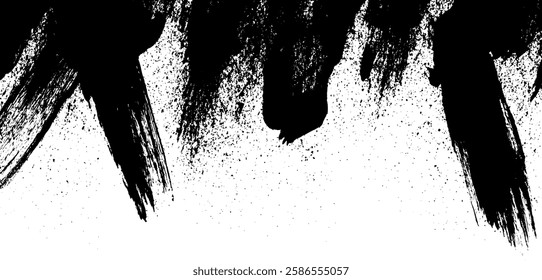 This abstract black ink splatter texture features a dynamic and grunge-style design, perfect for backgrounds, artistic compositions, and graphic design projects. The rough brush strokes and scattered 