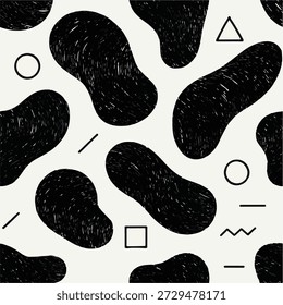 Esta arte abstrata em preto e branco apresenta formas orgânicas, texturas desenhadas à mão e elementos geométricos modernos em um plano de fundo claro. A composição mistura padrões fluidos, formas irregulares, detalhes de linhas finas e símbolos mínimos, criando um design de superfície contemporâneo e artístico. Ideal para fundos, papéis de parede, impressões têxteis, materiais de marca, cartazes, web design e projetos criativos. A paleta de cores monocromáticas melhora o contraste, o equilíbrio e o ritmo visual, tornando o padrão adequado para interiores modernos, layouts editoriais, gráficos de moda e arte digital. Este design representa simplicidade, abstração, criatividade e expressão visual moderna com uma estética minimalista intemporal.