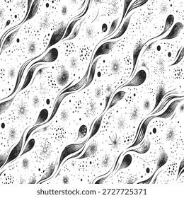 Este fondo abstracto en blanco y negro muestra líneas orgánicas fluidas, Formas de tinta dibujadas a mano y texturas de puntos dispersos dispuestas en un patrón repetitivo sin fisuras. Las formas curvas y los trazos fluidos crean movimiento y ritmo, mientras que los detalles de líneas finas y los Elementos estelares agregan profundidad y complejidad visual. La paleta monocromática mantiene el diseño limpio, moderno y altamente versátil. Esta textura artística es ideal para el diseño de fondo, patrones de superficie, Fondos de pantalla, textiles, papel de embalaje, embalaje, papelería y proyectos de marca creativa. La combinación de ilustración orgánica y composición abstracta hace que este patrón sea adecuado para aplicaciones de diseño visual contemporáneas, decorativas y expresivas.