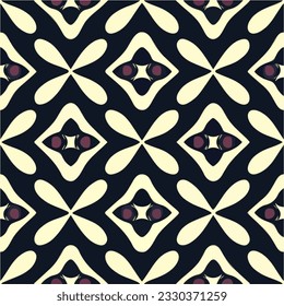This abstract black and white pattern showcases a bold red center, lending an intriguing touch to its repeating fabric design and seamless pattern structure.