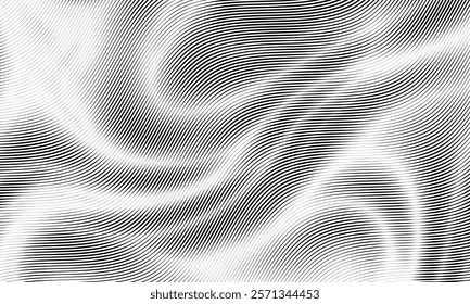 This abstract black and white pattern features wavy lines and gradients, creating a dynamic aesthetic.