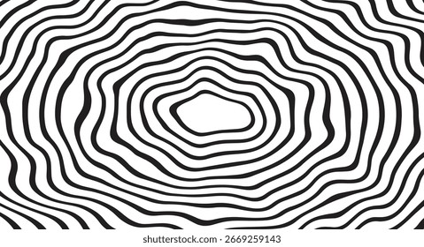 Dieses abstrakte Schwarz-Weiß-Muster zeichnet sich durch organische, wellenförmige kreisförmige Linien aus, die einen Rippling-Effekt erzeugen. Ideal für Web-Hintergründe, Texturen und moderne Grafikdesign-Projekte, bietet 