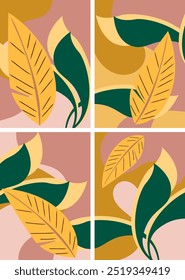 This abstract botanical artwork features a collection of four square panels each showcasing a unique composition of stylized leaves and organic shapes