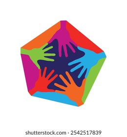 This is an abstract cartoon logo design of five hands of different colors holding together in hexagon shape symbolizing unity in diversity