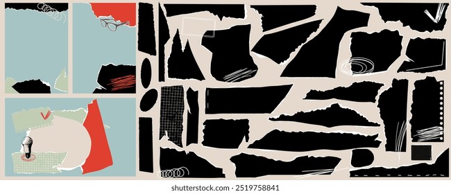 This abstract collage features torn paper textures, retro elements, and bold shapes in pastel tones. It blends vintage and modern minimalist design trends. Vector illustration