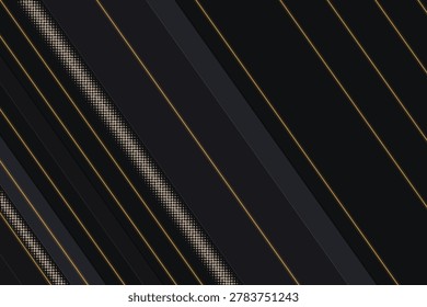 This abstract a dark, monochromatic background with diagonal stripes. Thin, glowing gold lines run parallel to some of the darker, wider stripes, creating a sense of depth and sophistication. A subtle halftone dot pattern is incorporated into some of the stripes, adding a textural The composition is clean and geometric, evoking a modern and feel.