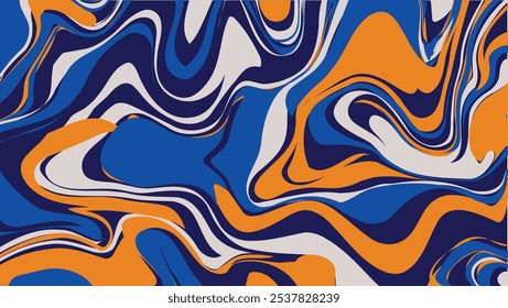 This abstract design features dynamic swirls of blue, orange, and white, creating a vibrant and eye-catching pattern.