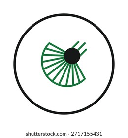 Este desenho abstrato apresenta um setor verde de linhas radiantes emanando de uma esfera preta central, fechada dentro de um quadro circular. Evocando conceitos de energia, foco e precisão, ideais para