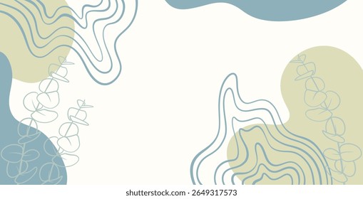 Este design abstrato mostra tons azuis e verdes com ondas dinâmicas e acentos lavanda. Perfeito para arte inspirada na natureza, anúncios ecológicos ou exibições criativas, o espaço em branco é versátil.