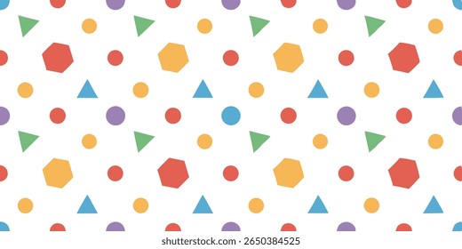 This abstract design showcases a repeating pattern of circles, triangles, and hexagons in bright, cheerful colors, creating a lively and modern visual.