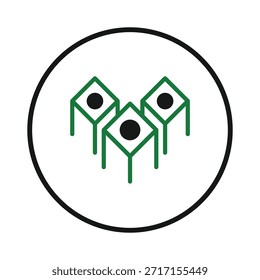 This abstract design showcases three green, stylized tables, each featuring a black dot within a diamond shape on top. Encased in a black circular frame, the clean vector illustration offers a