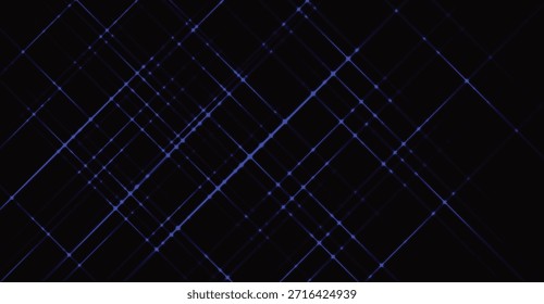 Esta arte digital abstrata apresenta um fundo escuro iluminado por linhas azuis intrincadas, interseccionando e pontos brilhantes espalhados, criando uma grade complexa como estrutura de rede perfeita para