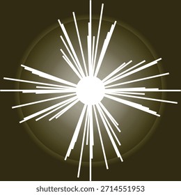 This abstract digital artwork features a striking symmetrical starburst design centered on a deep, rich brown background. At the core is a bright, glowing white orb that radiates intense light, 