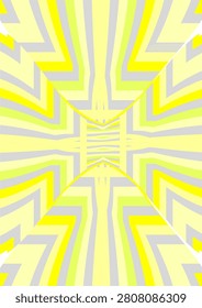 This abstract digital artwork features a symmetrical geometric composition creating an illusion of perspective. Radiating bands of bright yellow, pale yellow, lime, and light gray converge toward a central horizon line. The sharp, mirrored angles and chevron patterns form a structured, kaleidoscopic tunnel effect with dynamic visual depth.