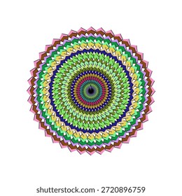 Esta obra de arte digital abstracta presenta un mandala circular visualmente cautivador contra un fondo blanco prístino. Se caracteriza por una intrincada composición de numerosos anillos concéntricos, cada uno meticulosamente formado de segmentos geométricos Pequeños, angulares y a menudo superpuestos. Un espectro rico y diverso de colores, incluyendo verdes brillantes, azules profundos, rosas suaves, marrones terrosos, amarillos soleados y magentas vívidas, emana dinámicamente desde un punto central oscuro. La disposición en capas de estas coloridas Formas genera una notable ilusión de profundidad tridimensional y un ritmo visual hipnotizante, encarnando un ejemplo vibrante y complejo de arte digital caleidoscópico.