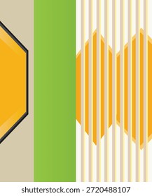 This abstract digital artwork showcases a vibrant composition of geometric forms and contrasting colors. The left panel features a segment of a bright yellow hexagonal shape, framed by a dark outline, set against a subtle beige background. A prominent vertical band of solid lime green occupies the center, providing a striking division. The rightmost section presents a rhythmic pattern of vertical beige and light yellow stripes, upon which a series of energetic orange, bar-like shapes ascend and descend, creating a visually engaging, dynamic effect. The overall design is modern and graphic, emphasizing clean lines and bold color interaction.