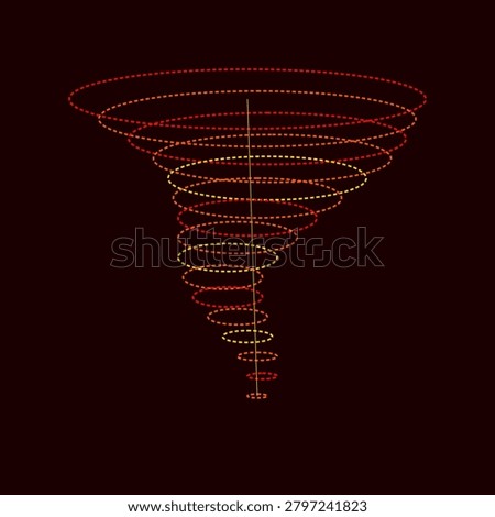 This abstract digital illustration represents a complex three dimensional data vortex or cyclone flow visualization. It features multiple concentric dashed elliptical rings in vibrant shades of red, orange, and yellow. The rings are arranged in a descending funnel shape against a deep black background, symbolizing dynamic information processing and analytics.