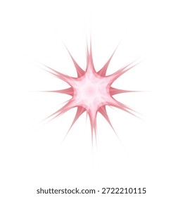 Esta ilustração digital abstrata mostra uma forma vibrante e pontiaguda centrada sobre um fundo branco puro. O núcleo da forma apresenta um brilho rosa suave e luminoso que gradualmente se aprofunda em um rosa mais saturado, à medida que se estende para fora em numerosos picos ou raios irregulares e agudos. A composição evoca a impressão de uma explosão energética, de uma estrela estilizada ou talvez de um organismo microscópico. Gradientes sutis e opacidades variadas dentro da paleta rosa contribuem para uma sensação de profundidade e movimento dinâmico, tornando-se um elemento visual impressionante para vários propósitos de design.