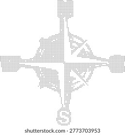This abstract dither halftone pixelated bitmap graphic features a compass rose symbol for navigation and direction representing travel wayfinding cartography map exploration discovery and adventure with a modern dot pattern texture grid geometric minimal monochr...