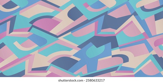 This abstract dynamic geometric background composed of overlapping shapes in shades of blue, pink, and cream. The vibrant design creates a sense of modernity.