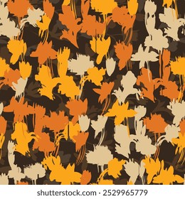 This abstract floral design combines autumn-inspired hues of orange, beige, and yellow on a dark, earthy background. Its bold, nature-inspired aesthetic is ideal for textile prints, fashion, or home