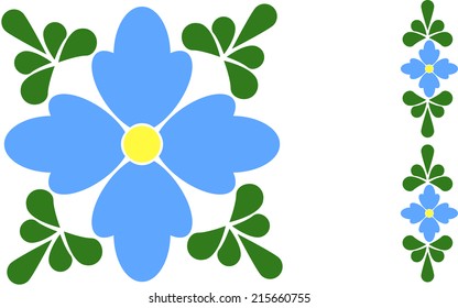 This abstract forget me not flower tile is done in traditional talavera style. It features a periwinkle colored floral in the center and green leaves in the corners. 