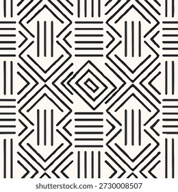 Este fondo geométrico abstracto presenta un llamativo patrón de línea de inspiración tribal hecho de diamantes en capas, Formas en zigzag y trazos paralelos. Las líneas negras llamativas contrastan maravillosamente con una base suave de color blanco roto, creando una textura sin fisuras con profundidad y ritmo visual. El estilo de línea dibujado a mano agrega un carácter orgánico y artístico mientras mantiene una composición estructurada y equilibrada. Este patrón monocromo es altamente versátil, lo que lo hace ideal para fondos, Fondos de pantalla, textiles, impresiones de telas, marcas, empaques y diseños digitales. El diseño repetitivo ofrece una estética moderna pero étnica, adecuada para interiores contemporáneos, proyectos creativos, carteles, papelería y aplicaciones de Web o impresión con estilo.