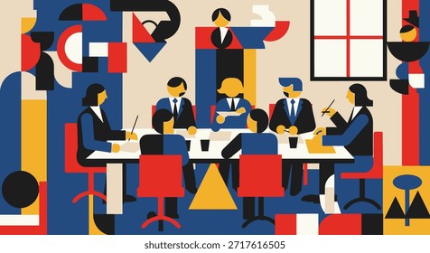 Esta ilustração abstrata e geométrica retrata uma reunião de negócios dinâmica. Profissionais se reúnem em torno de uma mesa, envolvidos em discussões e colaboração, mostrando a essência do trabalho em equipe,