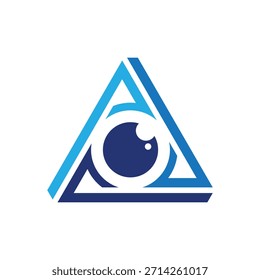 this is an abstract geometric logo design that depicts a triangle shape in blue color combination with an eye on the middle that looks clean on a white background