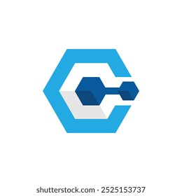 Este es un logotipo geométrico abstracto en forma hexagonal que forma una letra C y un nodo en estilo plano simple sobre un fondo blanco en color azul