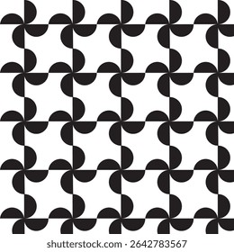 Este design de padrão geométrico abstrato apresenta uma impressionante coleção de ilusões ópticas em preto e branco dispostas em uma grade limpa e moderna. Cada seção apresenta semicírculos, quartos de círculo.