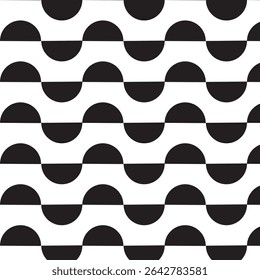 Este design de padrão geométrico abstrato apresenta uma impressionante coleção de ilusões ópticas em preto e branco dispostas em uma grade limpa e moderna. Cada seção apresenta semicírculos, quartos de círculo.