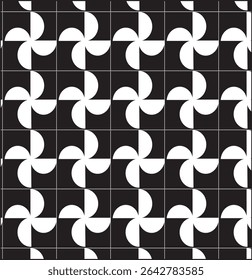 Este design de padrão geométrico abstrato apresenta uma impressionante coleção de ilusões ópticas em preto e branco dispostas em uma grade limpa e moderna. Cada seção apresenta semicírculos, quartos de círculo.
